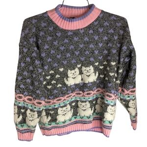 Vintage Sister Be Cool Girls' Heart Kitty Acrylic Made in USA Sweater Size L 14